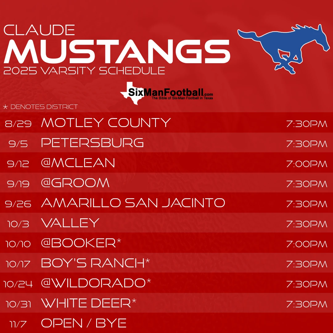Claude Mustangs 2025 football schedule