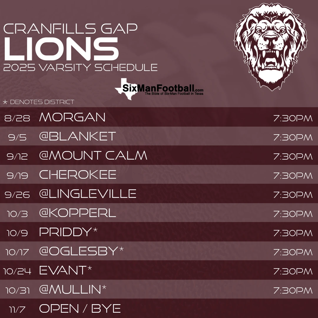 Cranfills Gap Lions 2025 football schedule