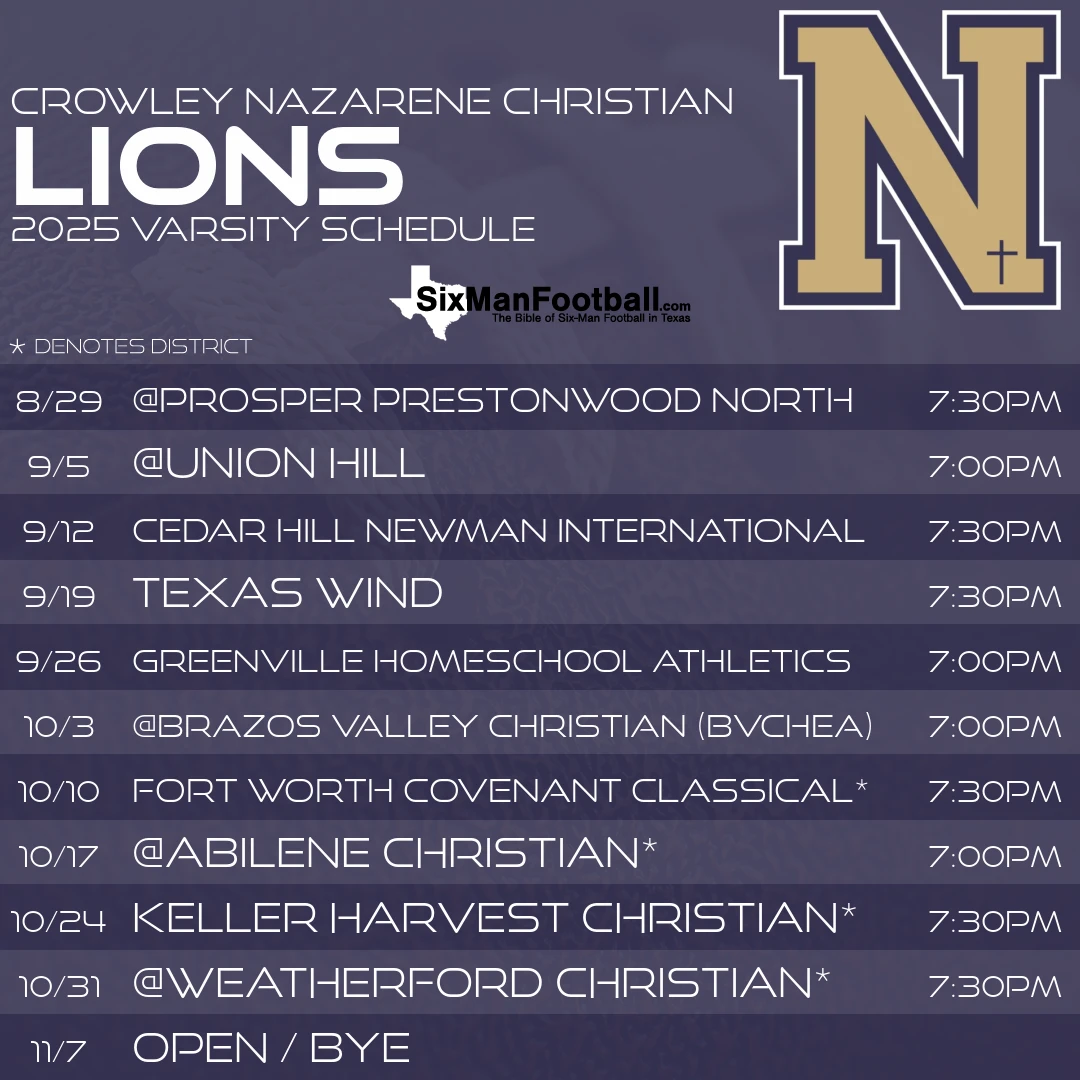 Crowley Nazarene Christian Lions 2025 football schedule