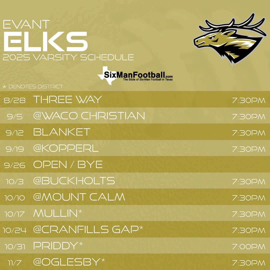 Evant Elks 2025 football schedule