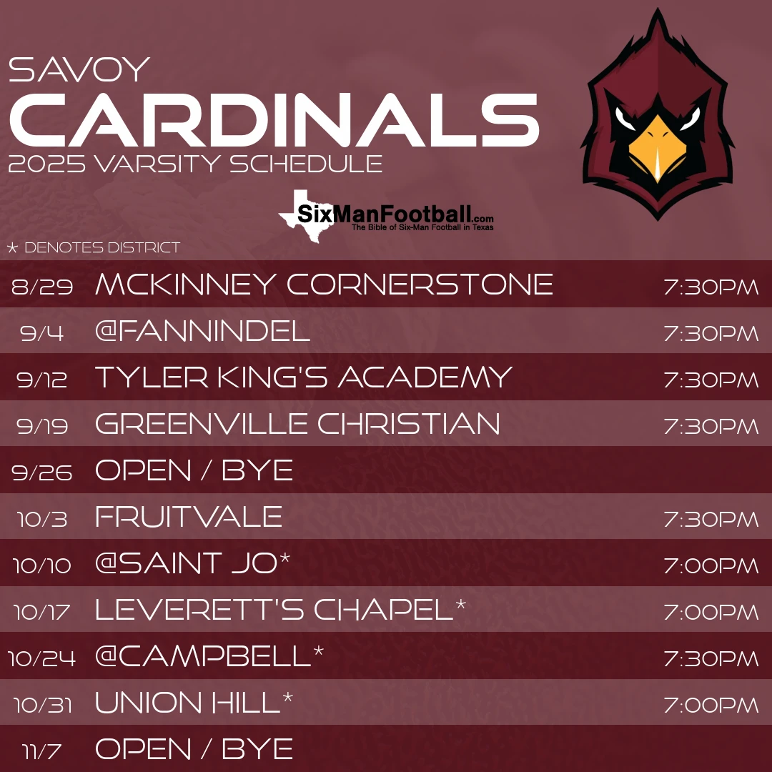 Savoy Cardinals 2025 football schedule