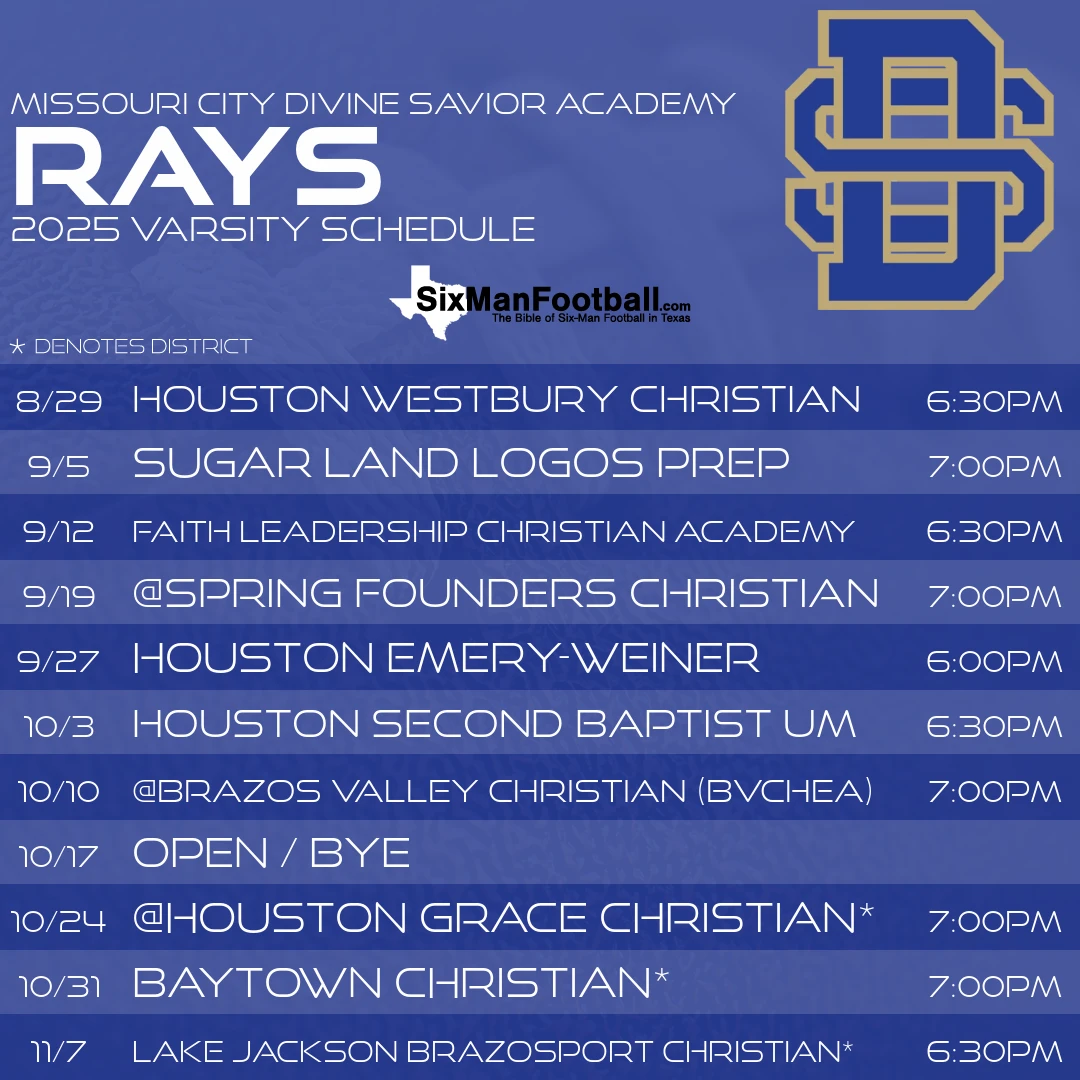 Missouri City Divine Savior Academy Rays 2025 football schedule