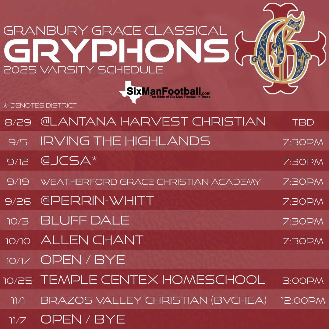 Granbury Grace Classical Gryphons 2025 football schedule