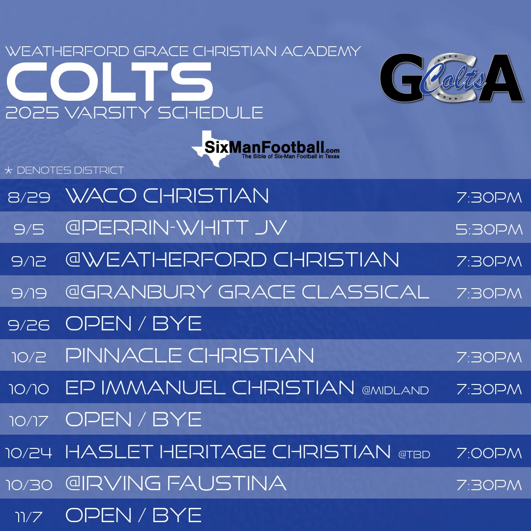 Weatherford Grace Christian Academy Colts 2025 football schedule