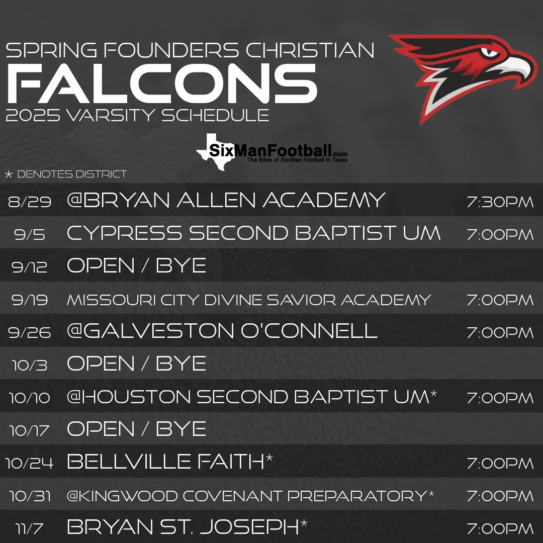Spring Founders Christian Falcons 2025 football schedule