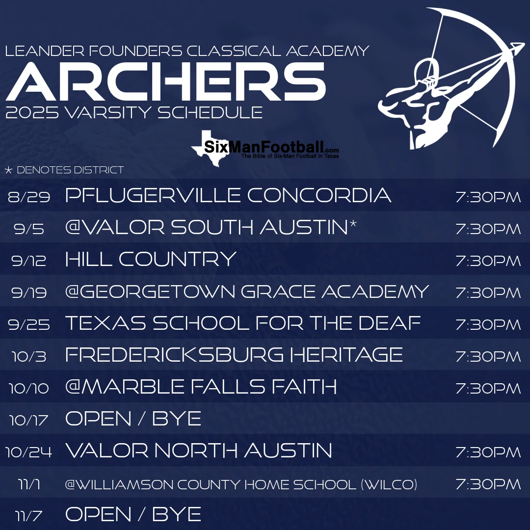 Leander Founders Classical Academy Archers 2025 football schedule