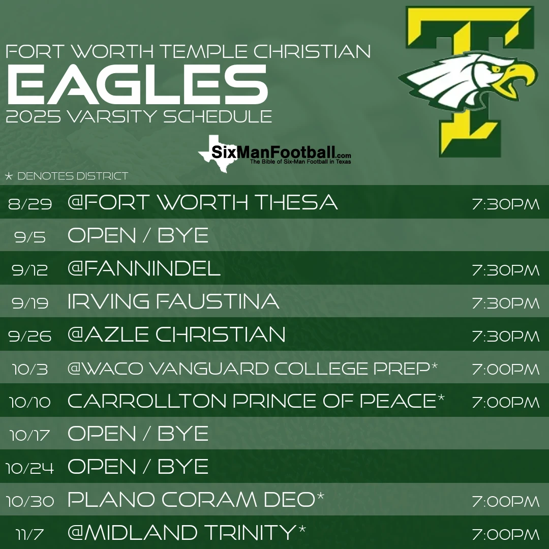 Fort Worth Temple Christian Eagles 2025 football schedule