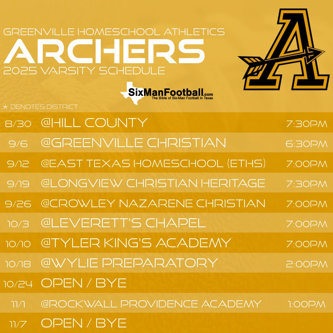 Greenville Homeschool Athletics Archers 2025 football schedule