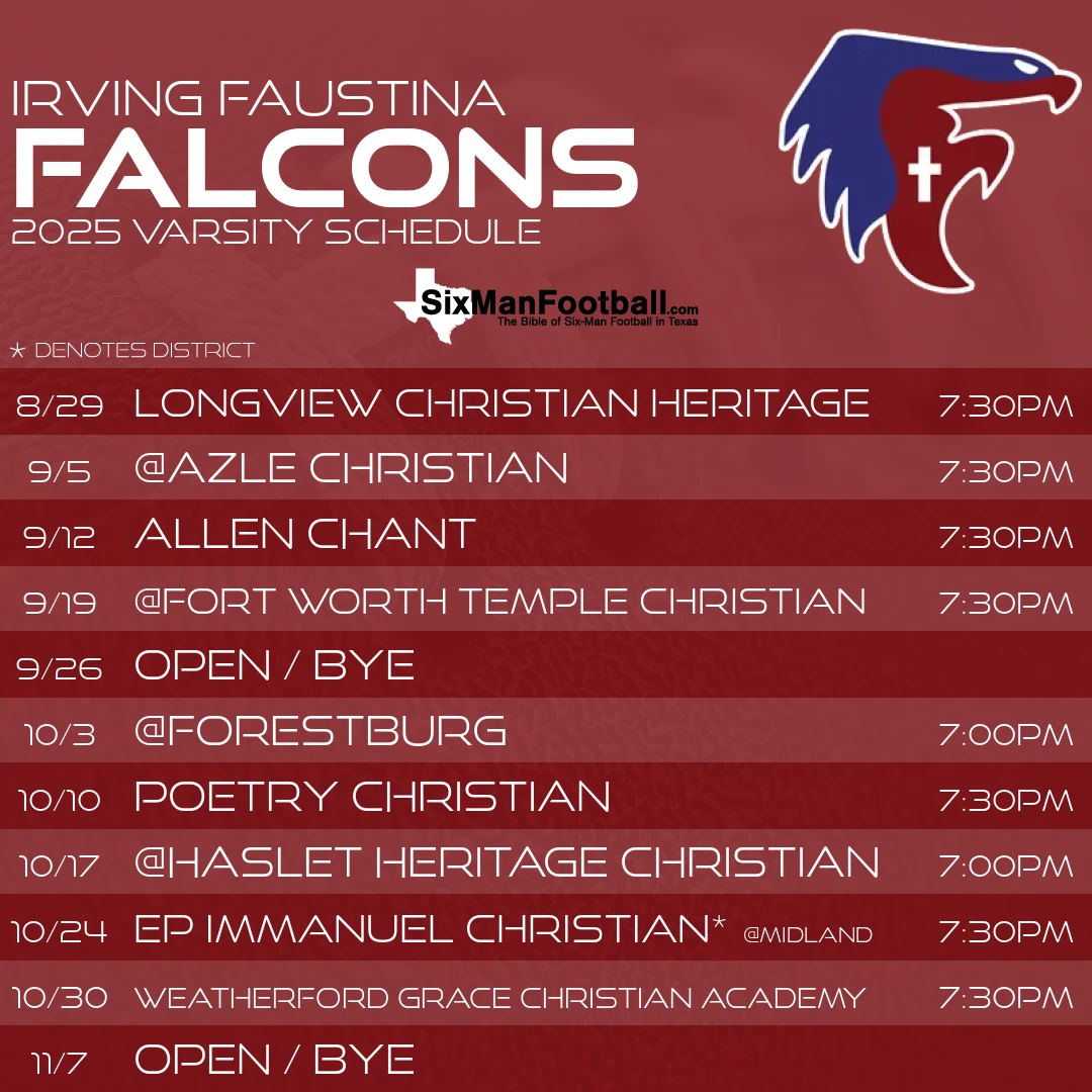 Irving Faustina Falcons 2025 football schedule