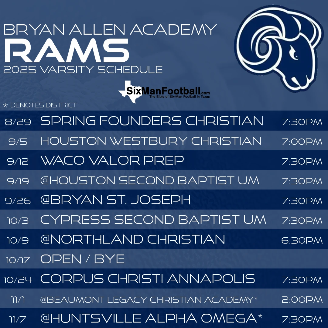 Bryan Allen Academy Rams 2025 football schedule