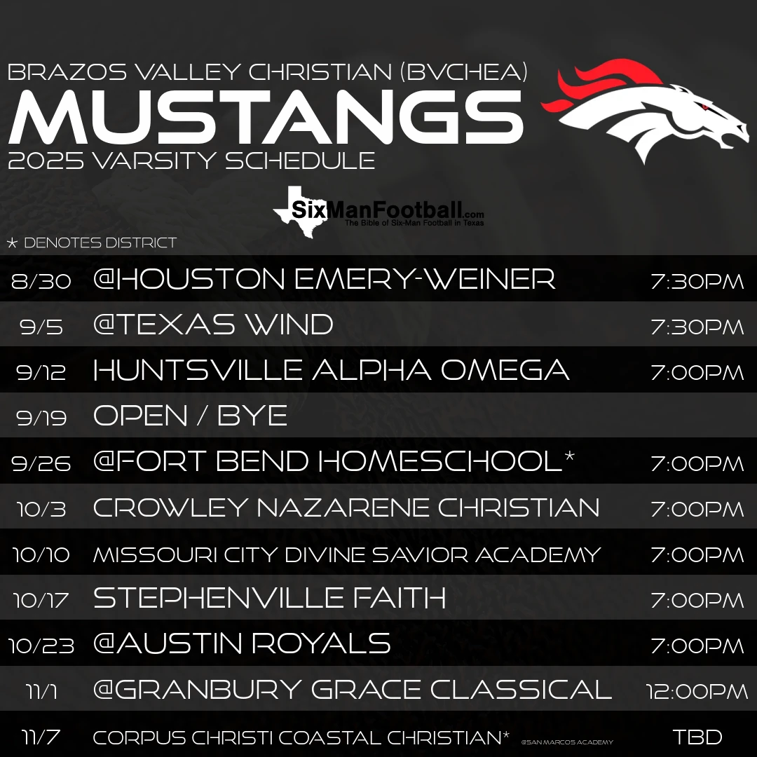 Brazos Valley Christian (BVCHEA) Mustangs 2025 football schedule
