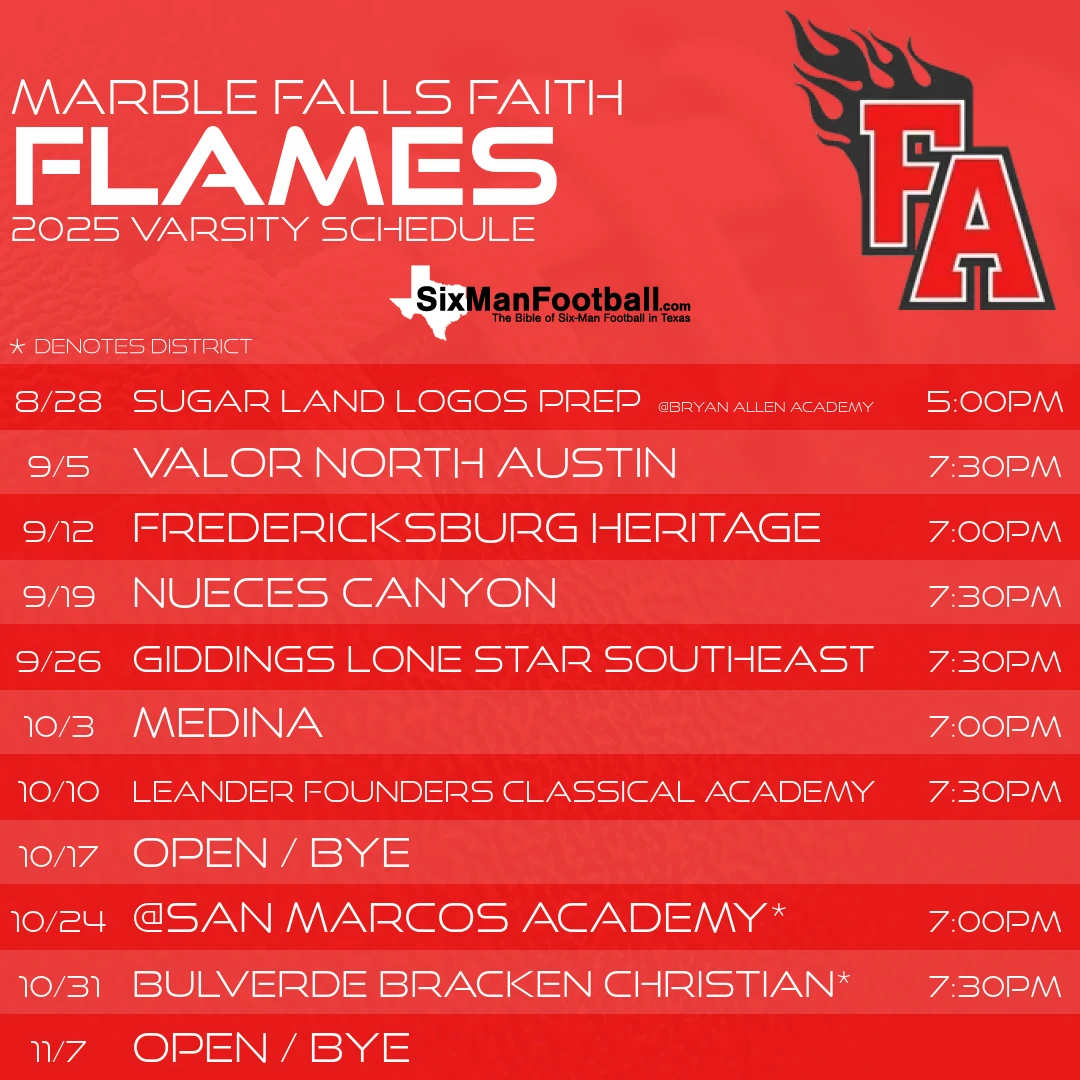 Marble Falls Faith Flames 2025 football schedule