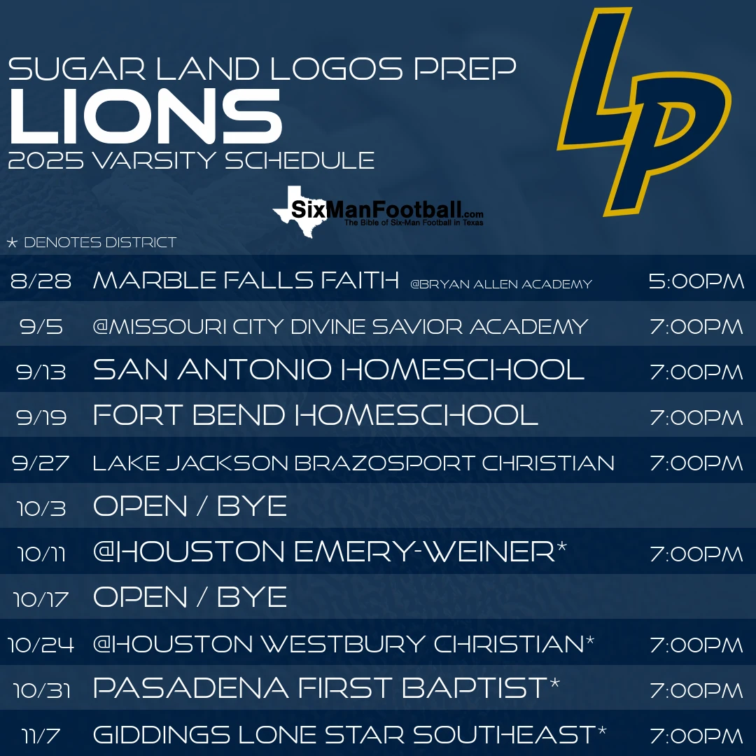 Sugar Land Logos Prep Lions 2025 football schedule