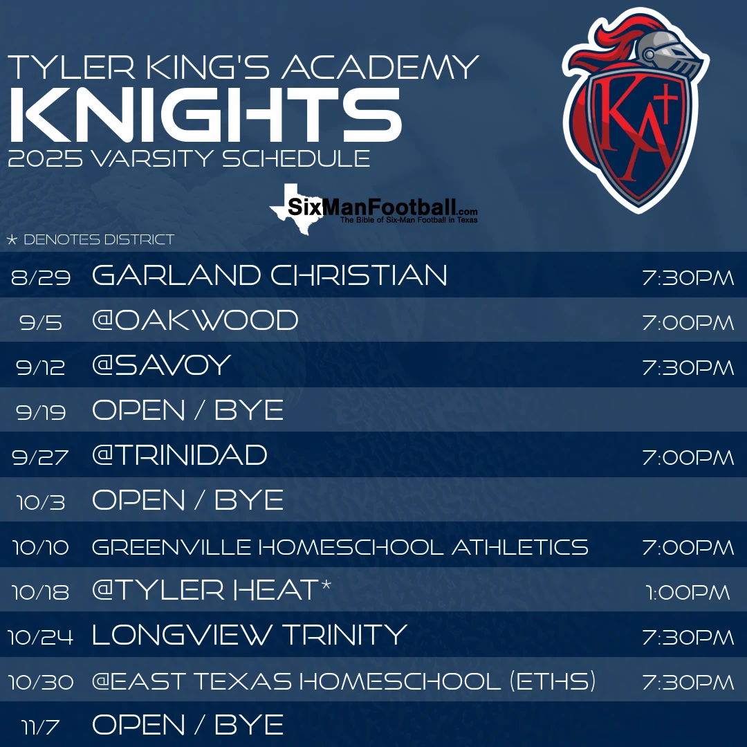 Tyler King's Academy Knights 2025 football schedule