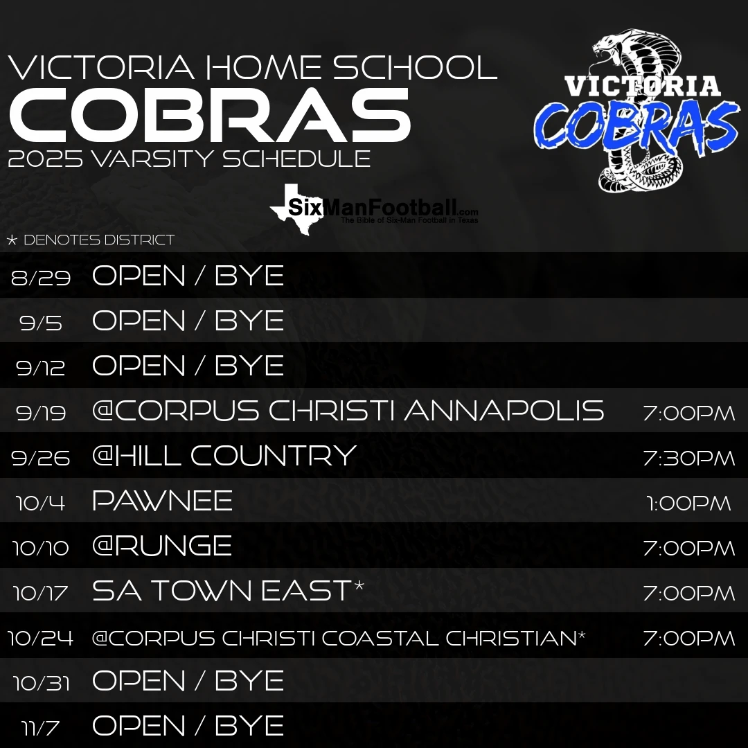 Victoria Home School Cobras 2025 football schedule
