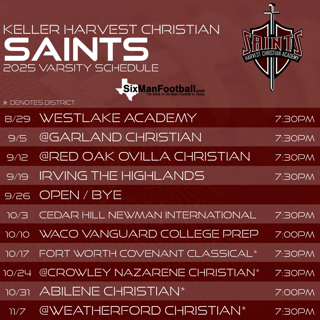 Keller Harvest Christian Saints 2025 football schedule