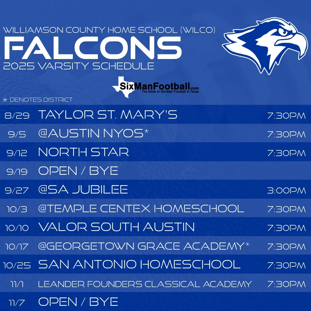 Williamson County Home School (WILCO) Falcons 2025 football schedule