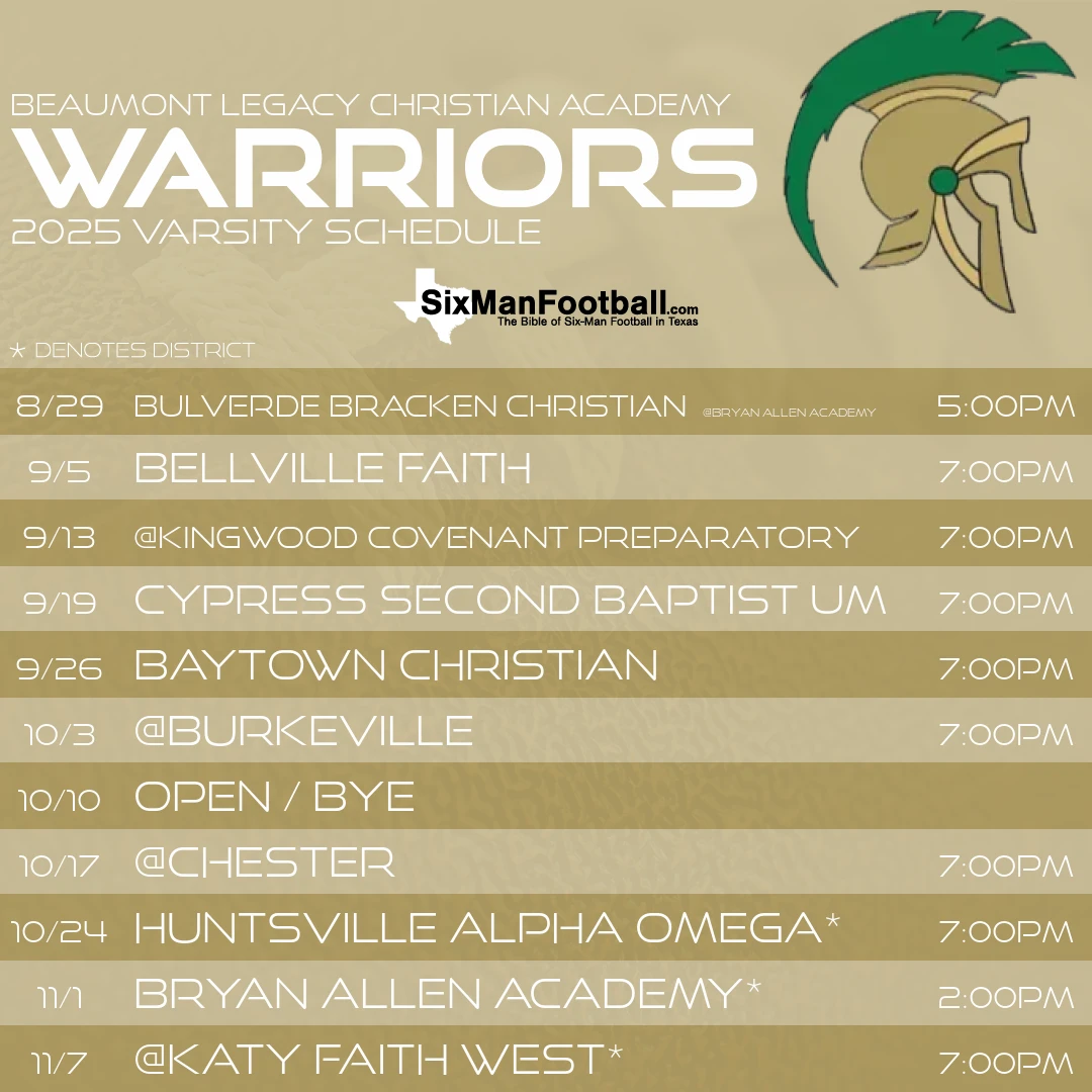 Beaumont Legacy Christian Academy Warriors 2025 football schedule