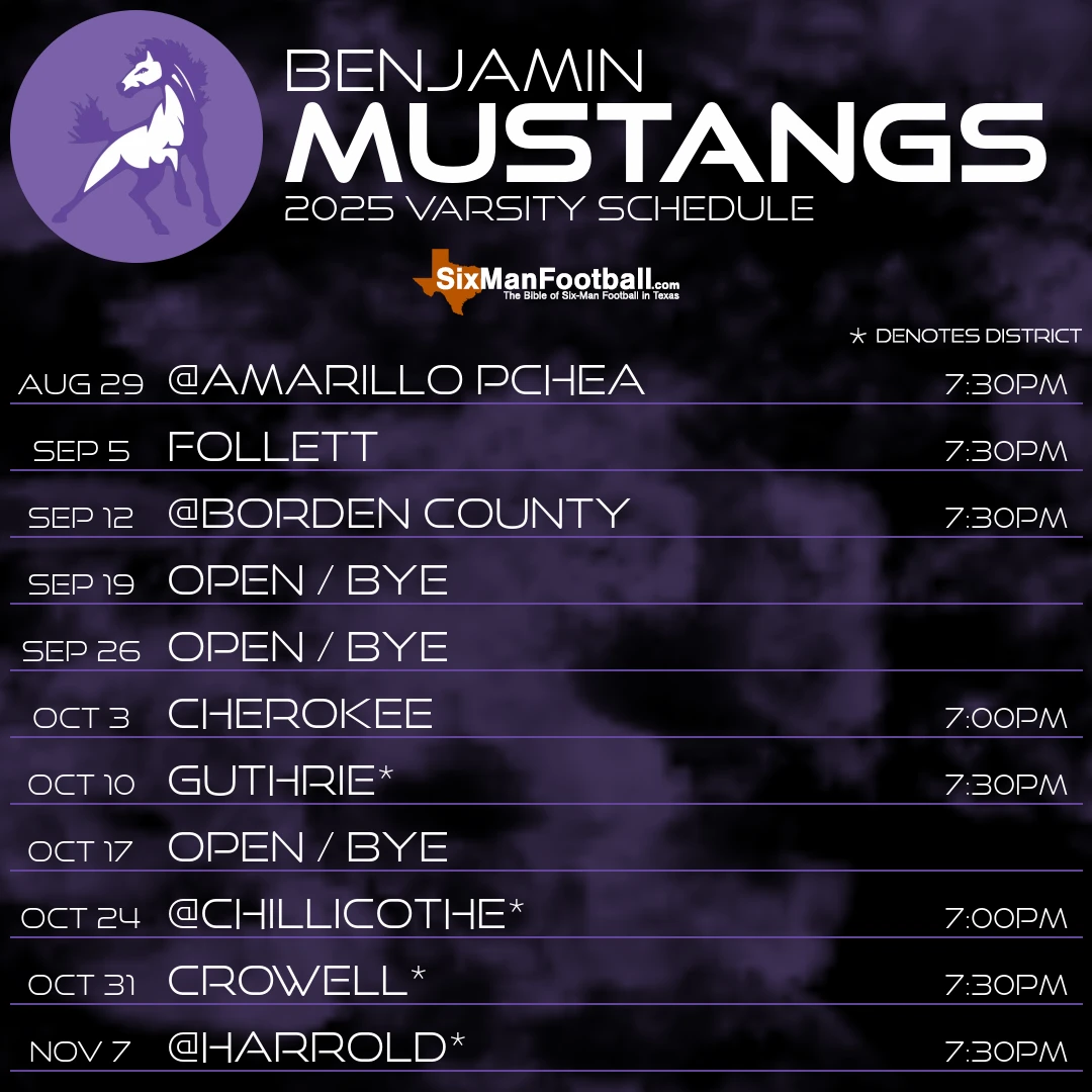 Benjamin Mustangs 2025 football schedule