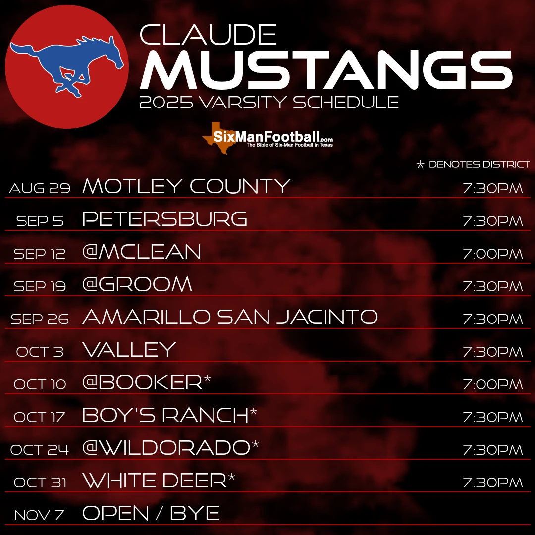 Claude Mustangs 2025 football schedule