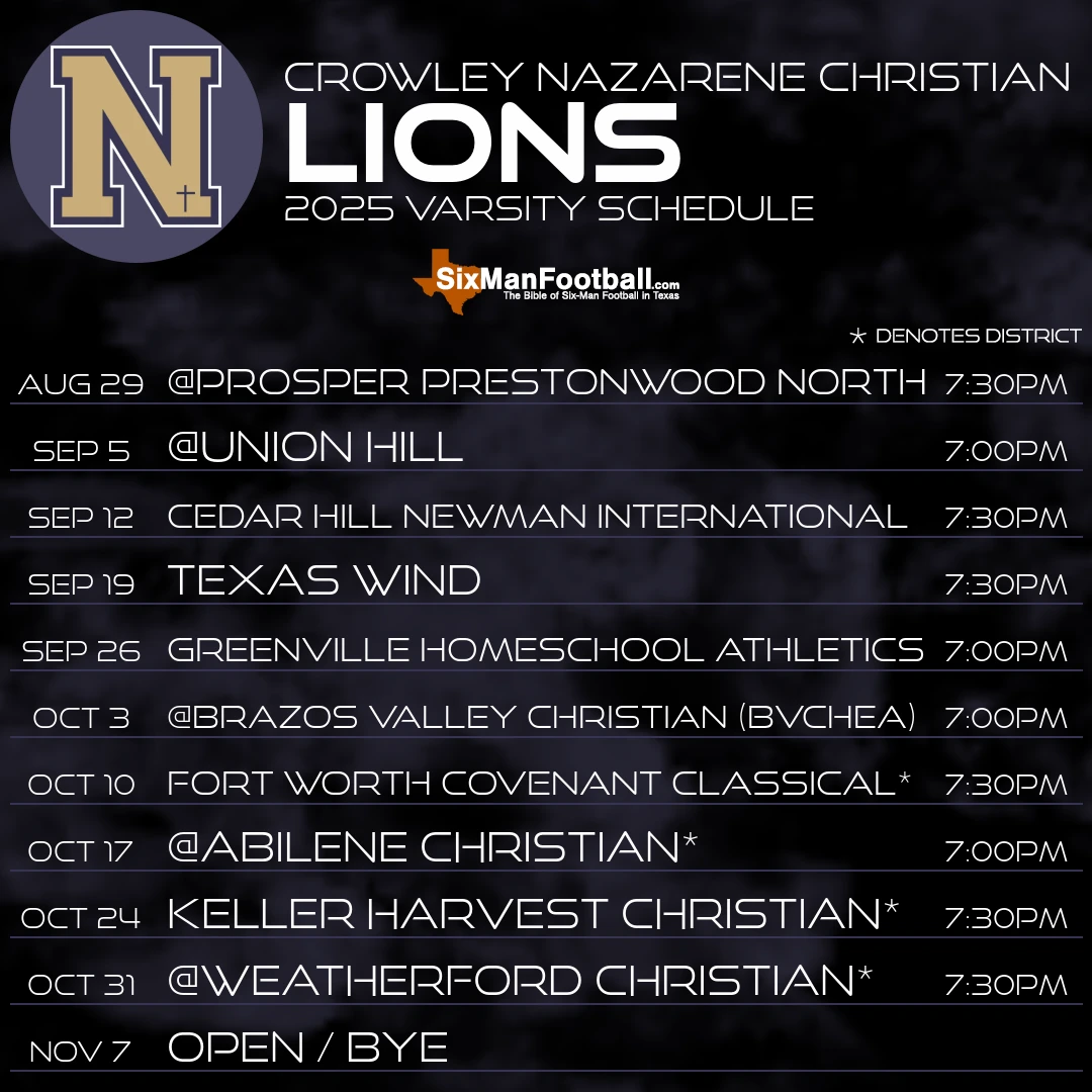 Crowley Nazarene Christian Lions 2025 football schedule