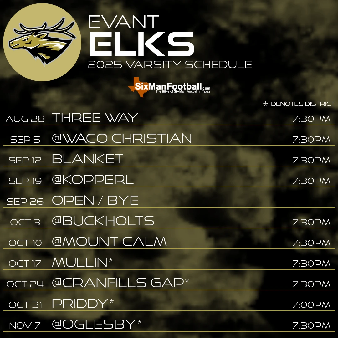 Evant Elks 2025 football schedule