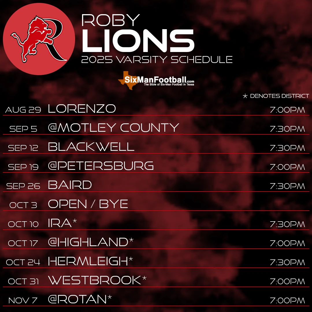 Roby Lions 2025 football schedule