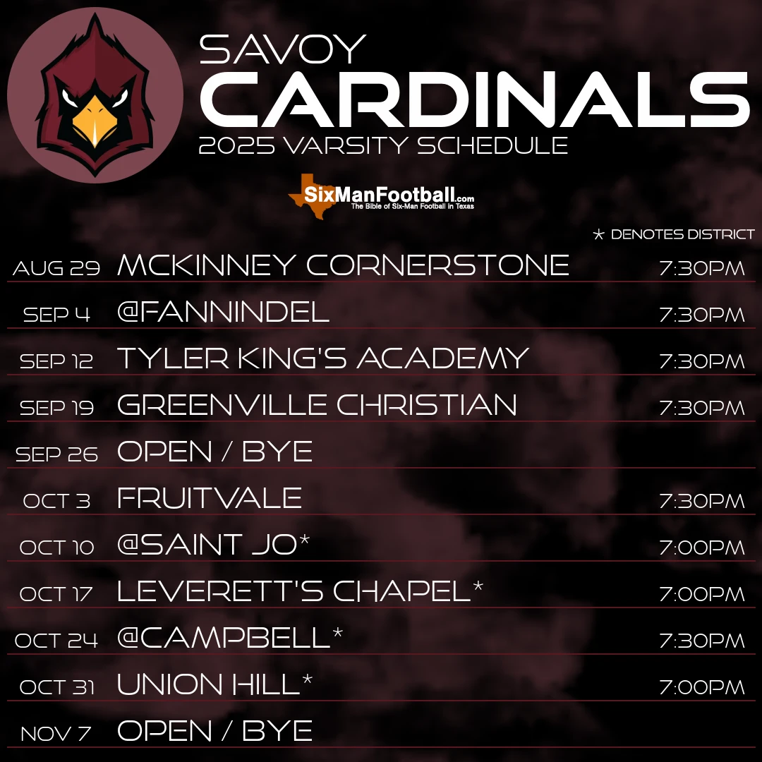 Savoy Cardinals 2025 football schedule