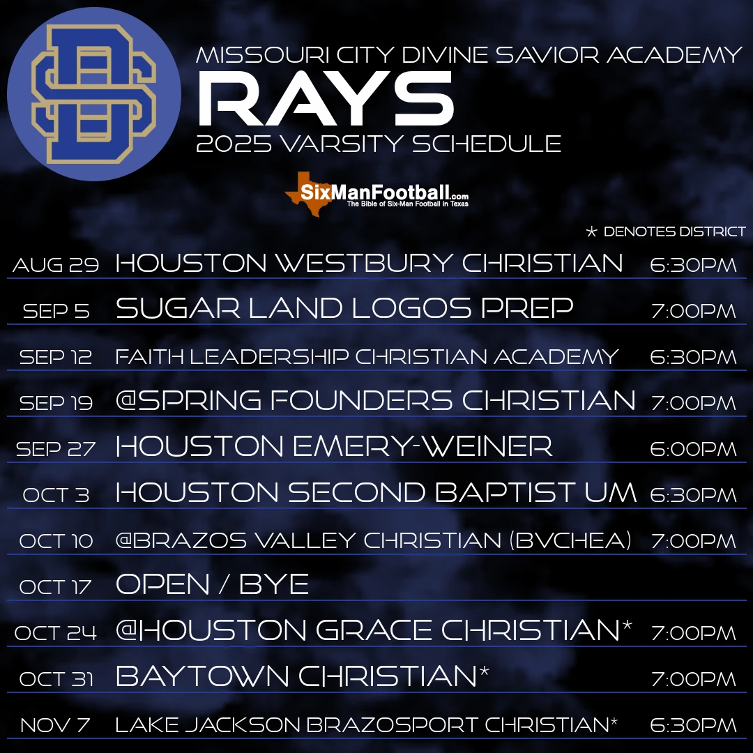 Missouri City Divine Savior Academy Rays 2025 football schedule