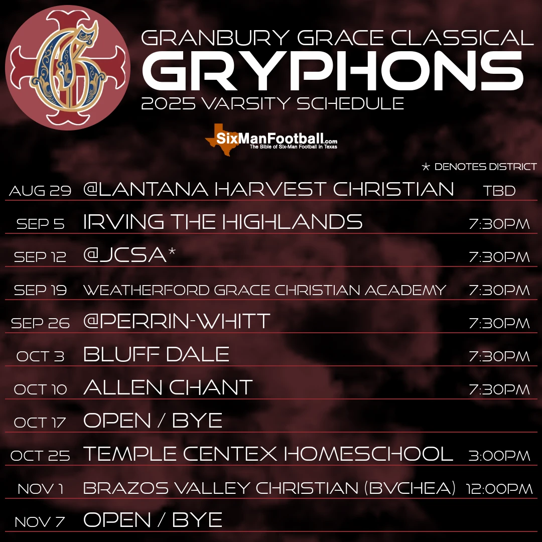 Granbury Grace Classical Gryphons 2025 football schedule