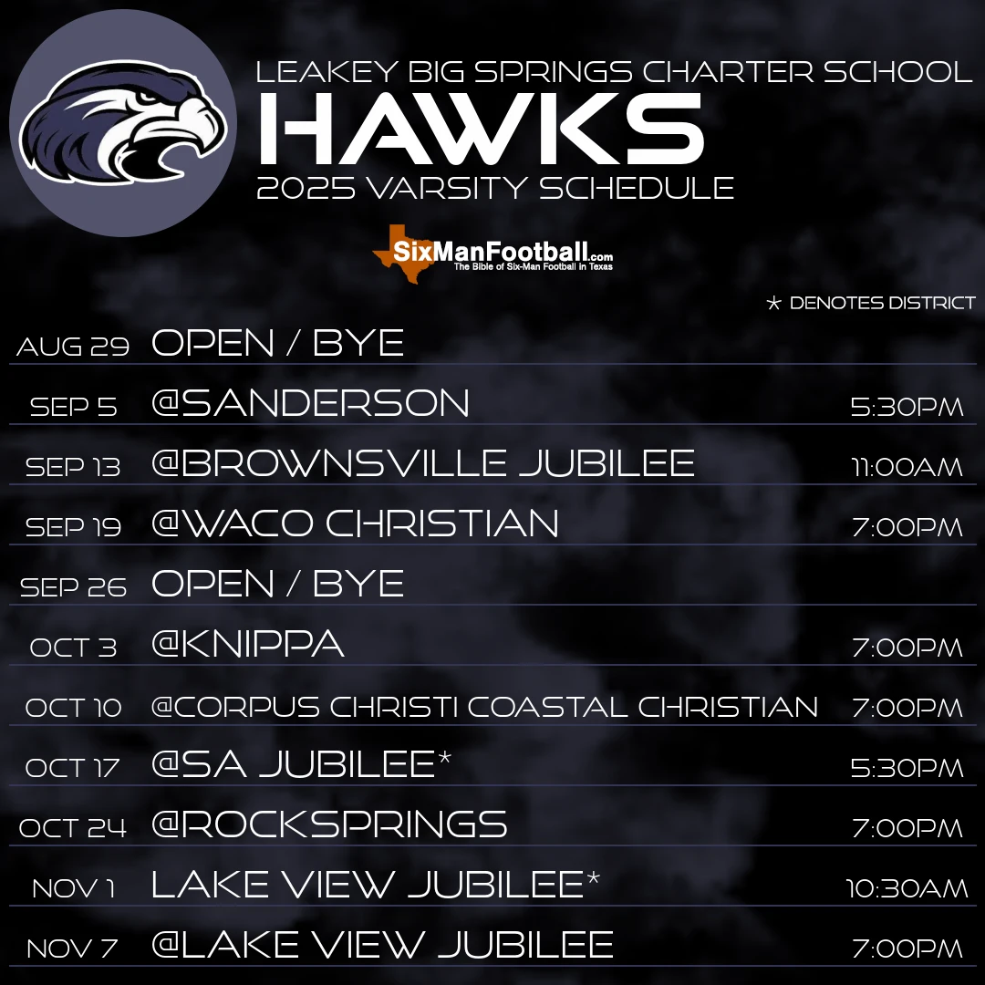 Leakey Big Springs Charter School Hawks 2025 football schedule