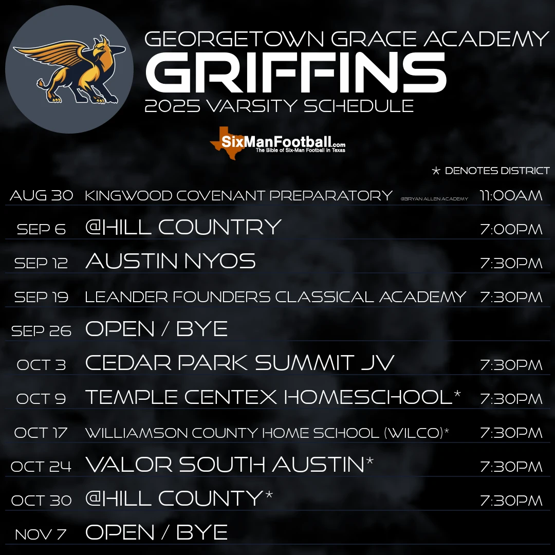 Georgetown Grace Academy Griffins 2025 football schedule