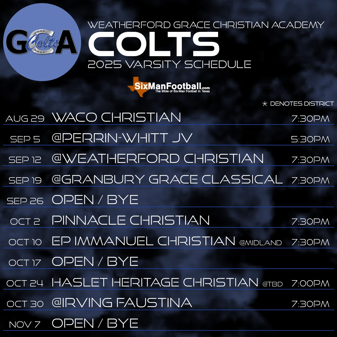 Weatherford Grace Christian Academy Colts 2025 football schedule