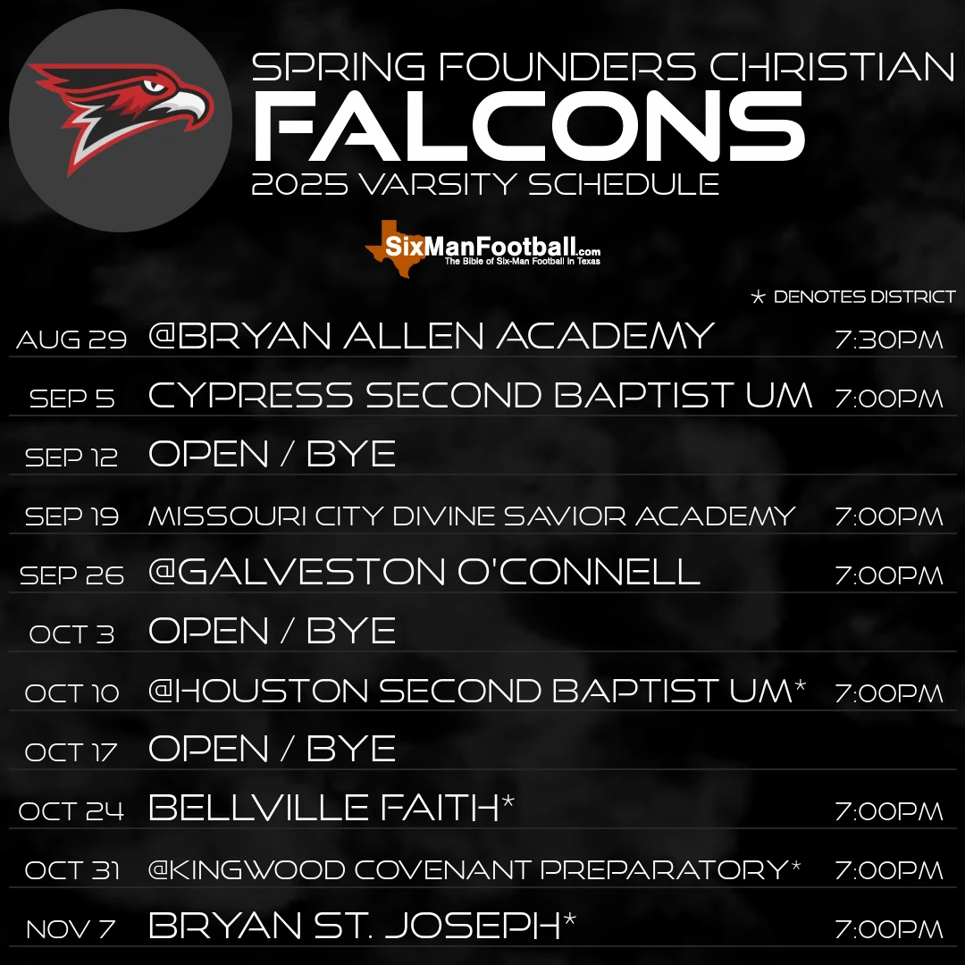 Spring Founders Christian Falcons 2025 football schedule
