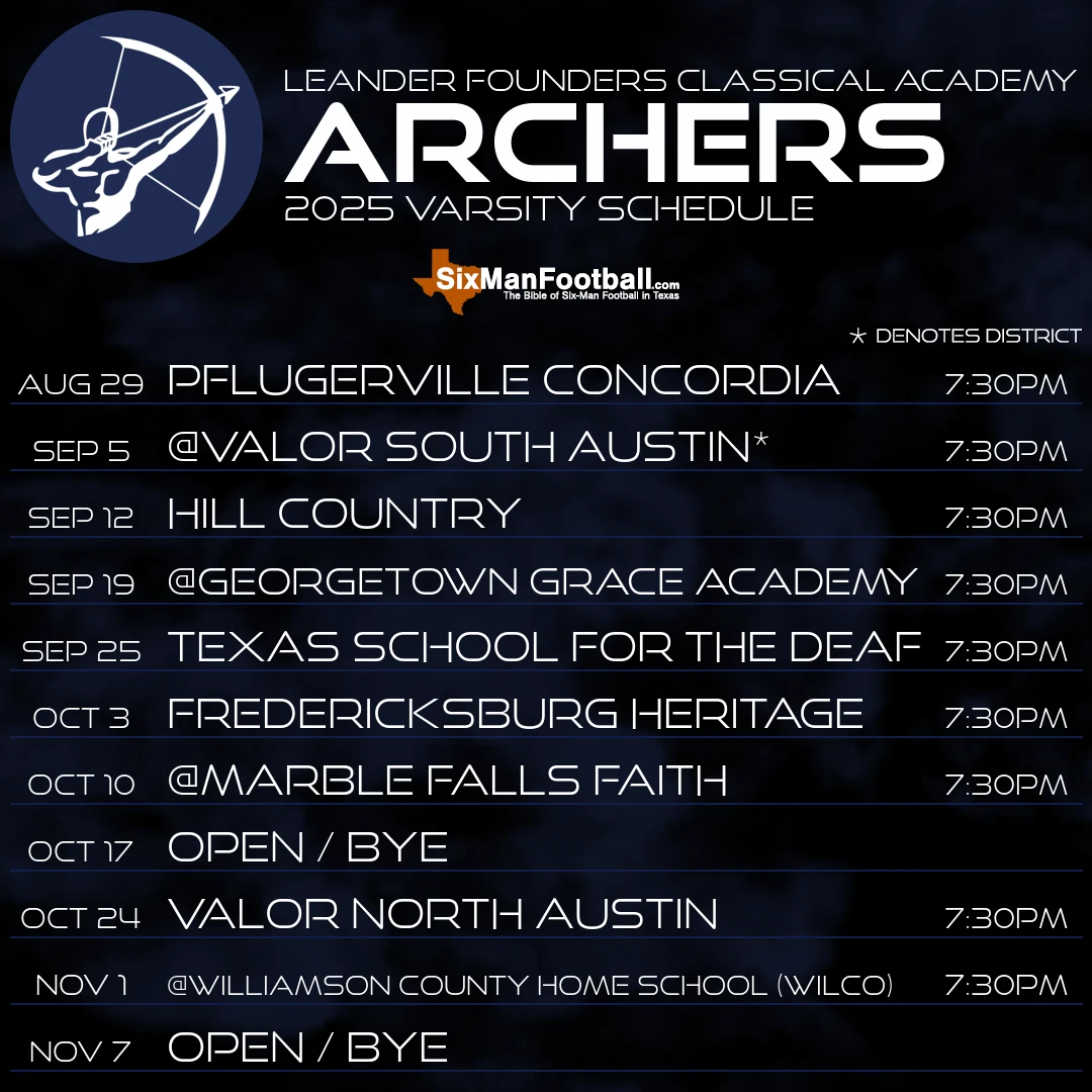Leander Founders Classical Academy Archers 2025 football schedule
