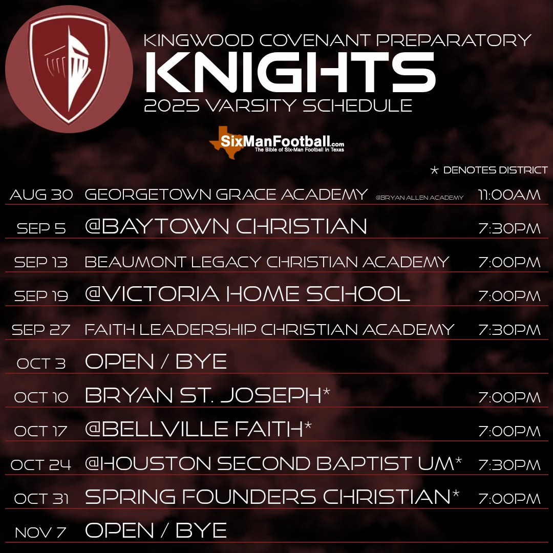 Kingwood Covenant Preparatory Knights 2025 football schedule