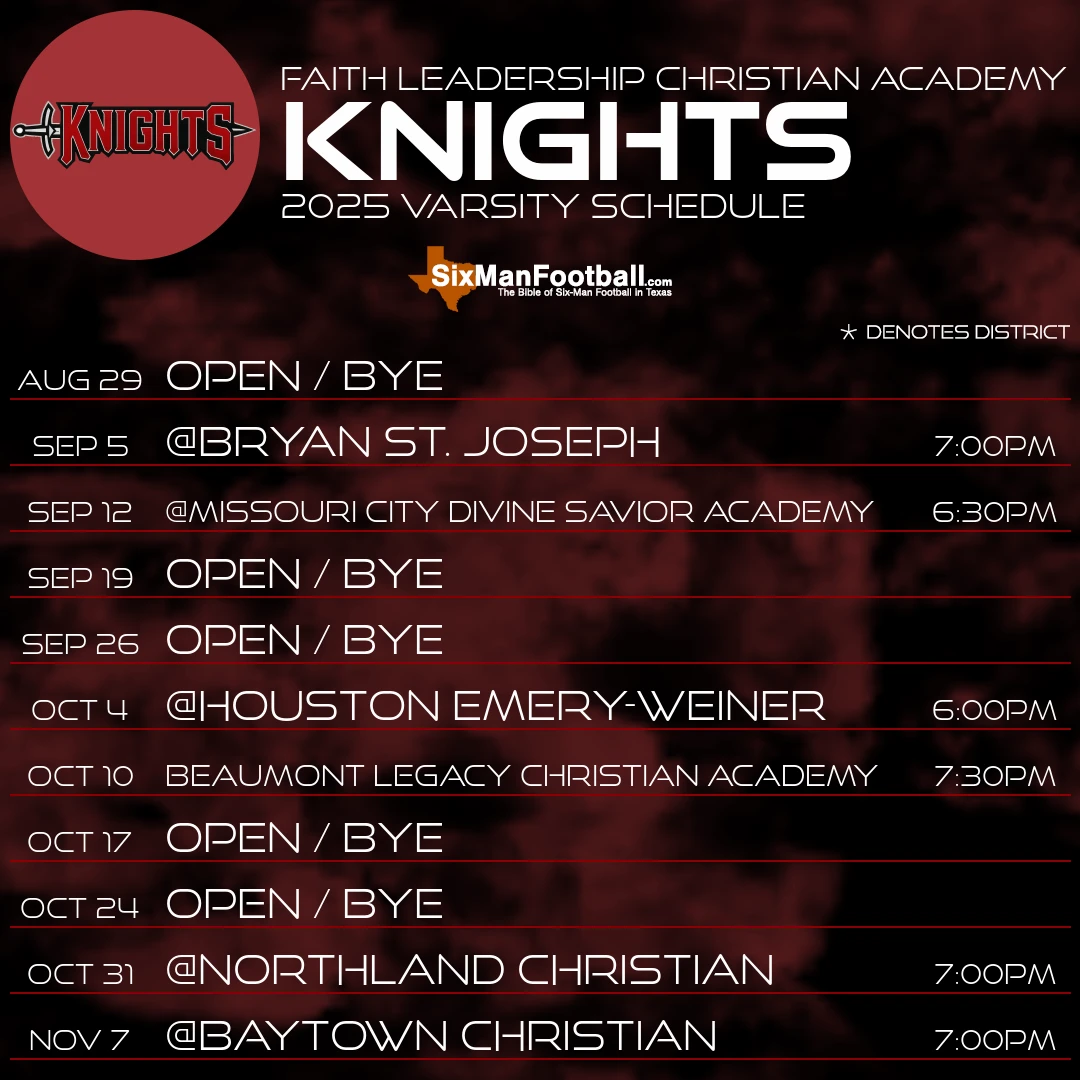 Faith Leadership Christian Academy Knights 2025 football schedule
