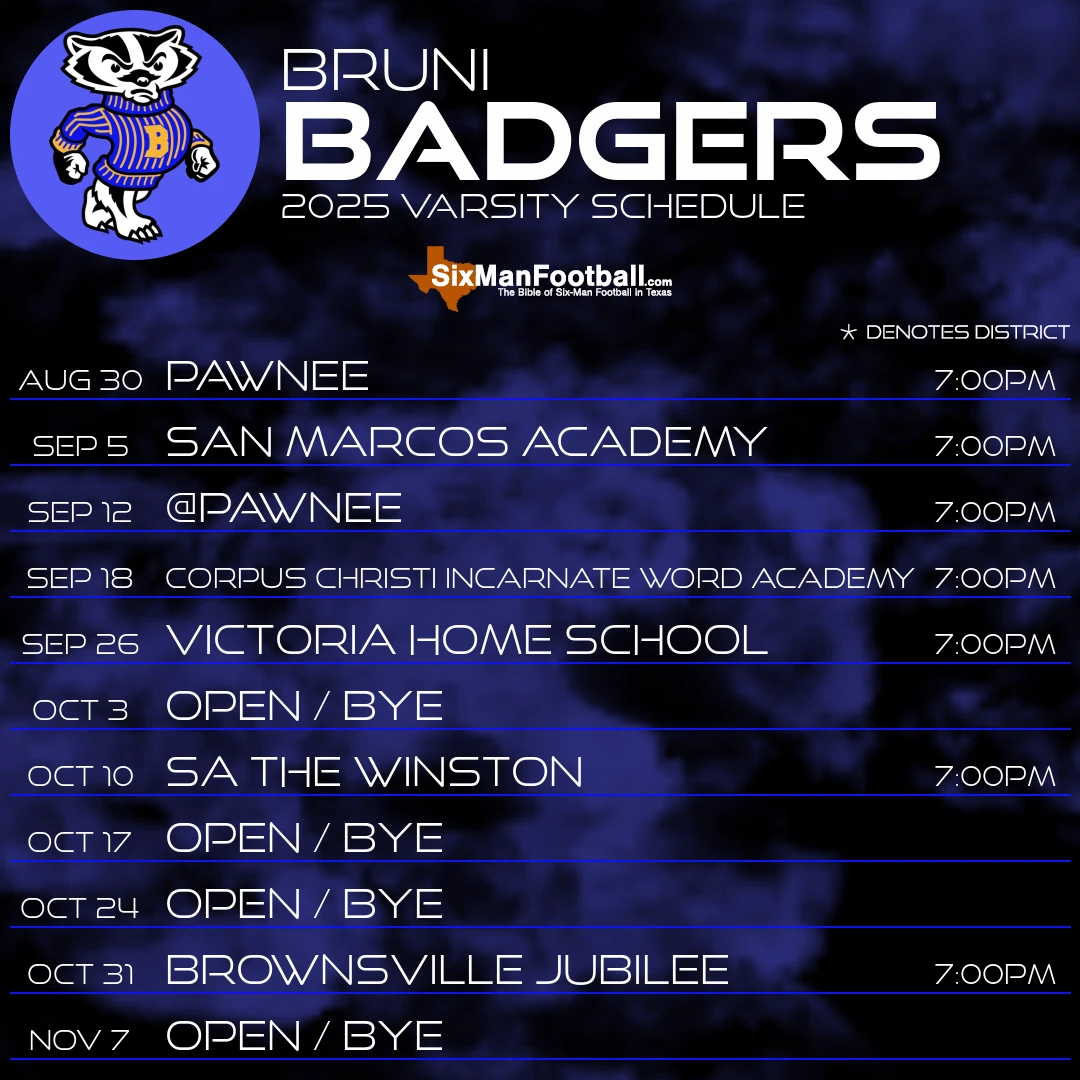 Bruni Badgers 2025 football schedule
