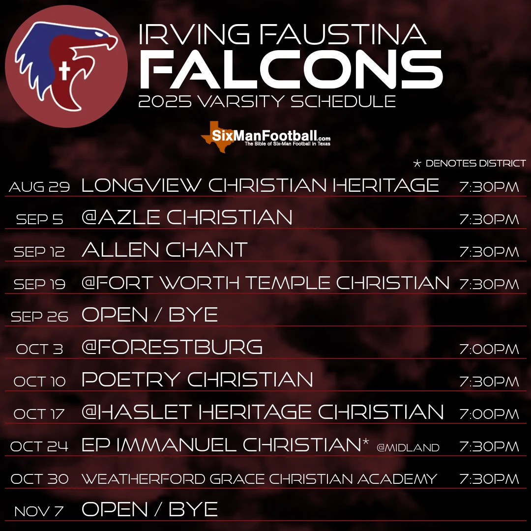 Irving Faustina Falcons 2025 football schedule