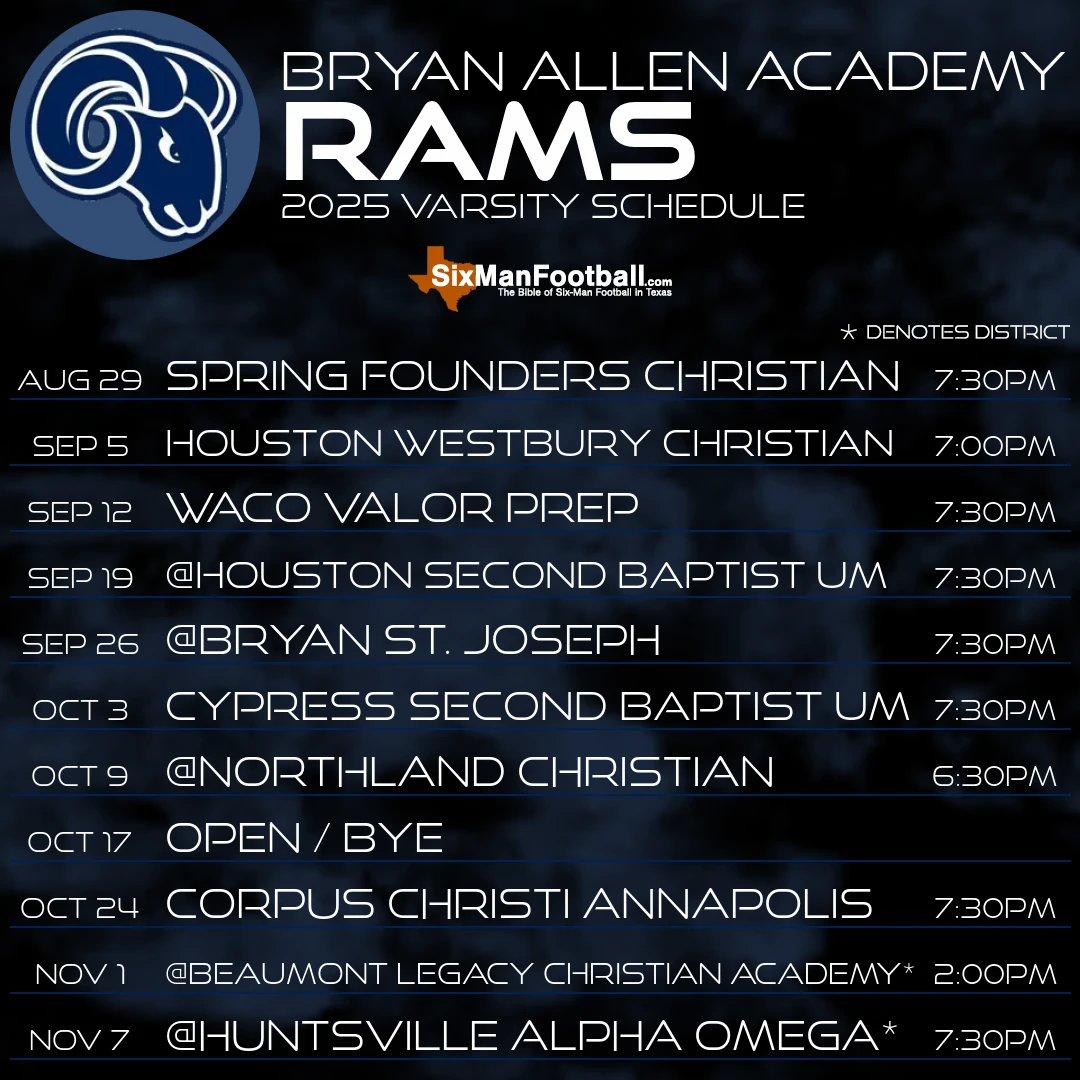 Bryan Allen Academy Rams 2025 football schedule