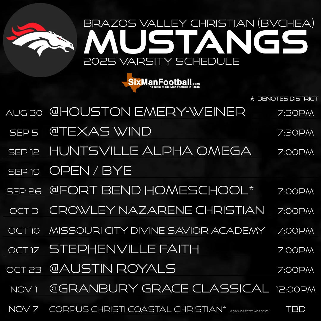 Brazos Valley Christian (BVCHEA) Mustangs 2025 football schedule