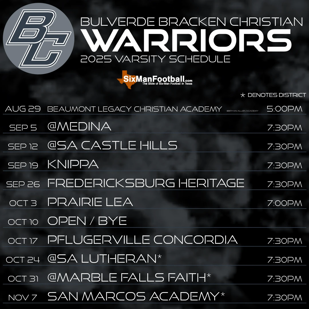 Bulverde Bracken Christian Warriors 2025 football schedule