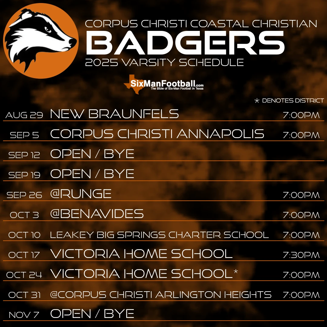 Corpus Christi Coastal Christian Badgers 2025 football schedule