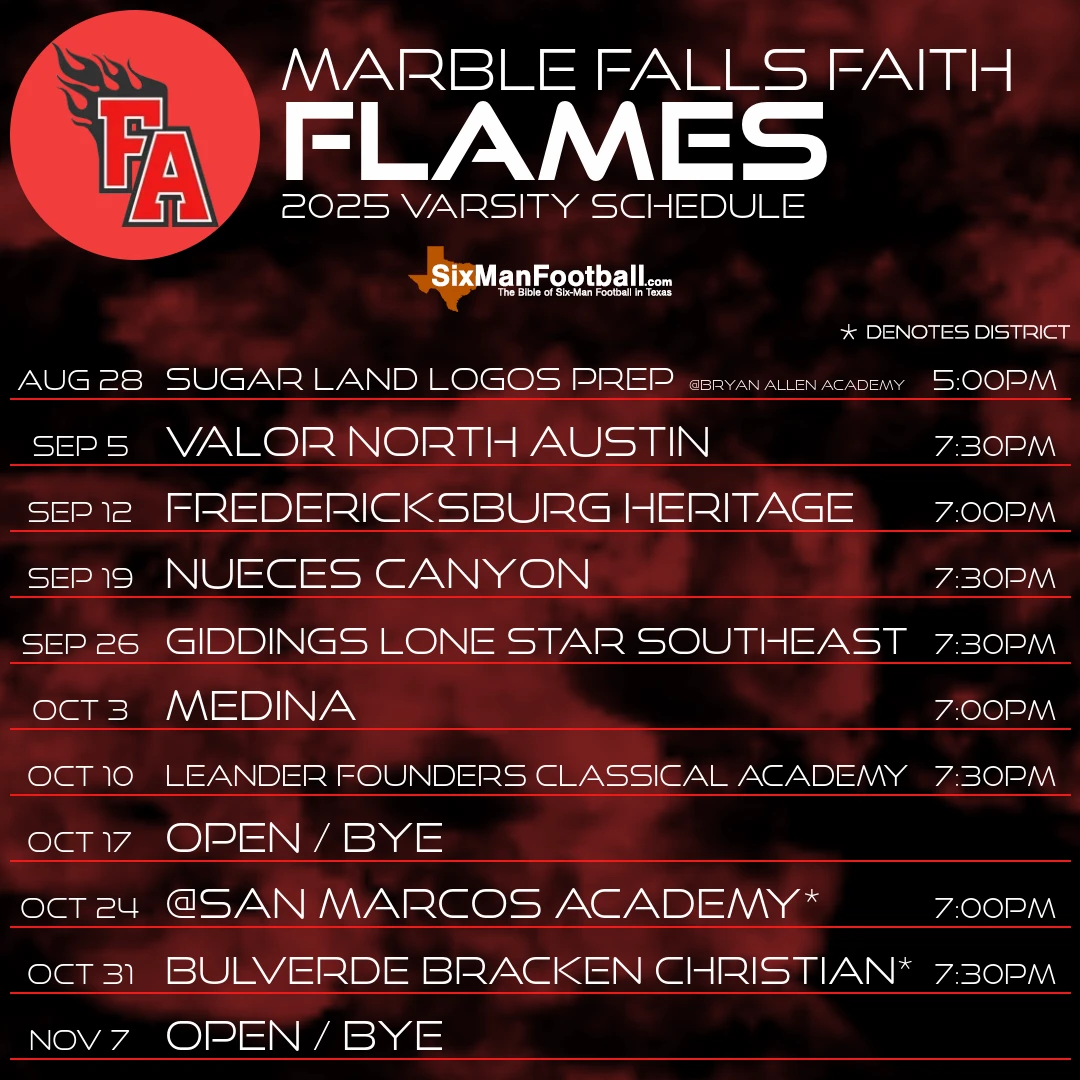 Marble Falls Faith Flames 2025 football schedule