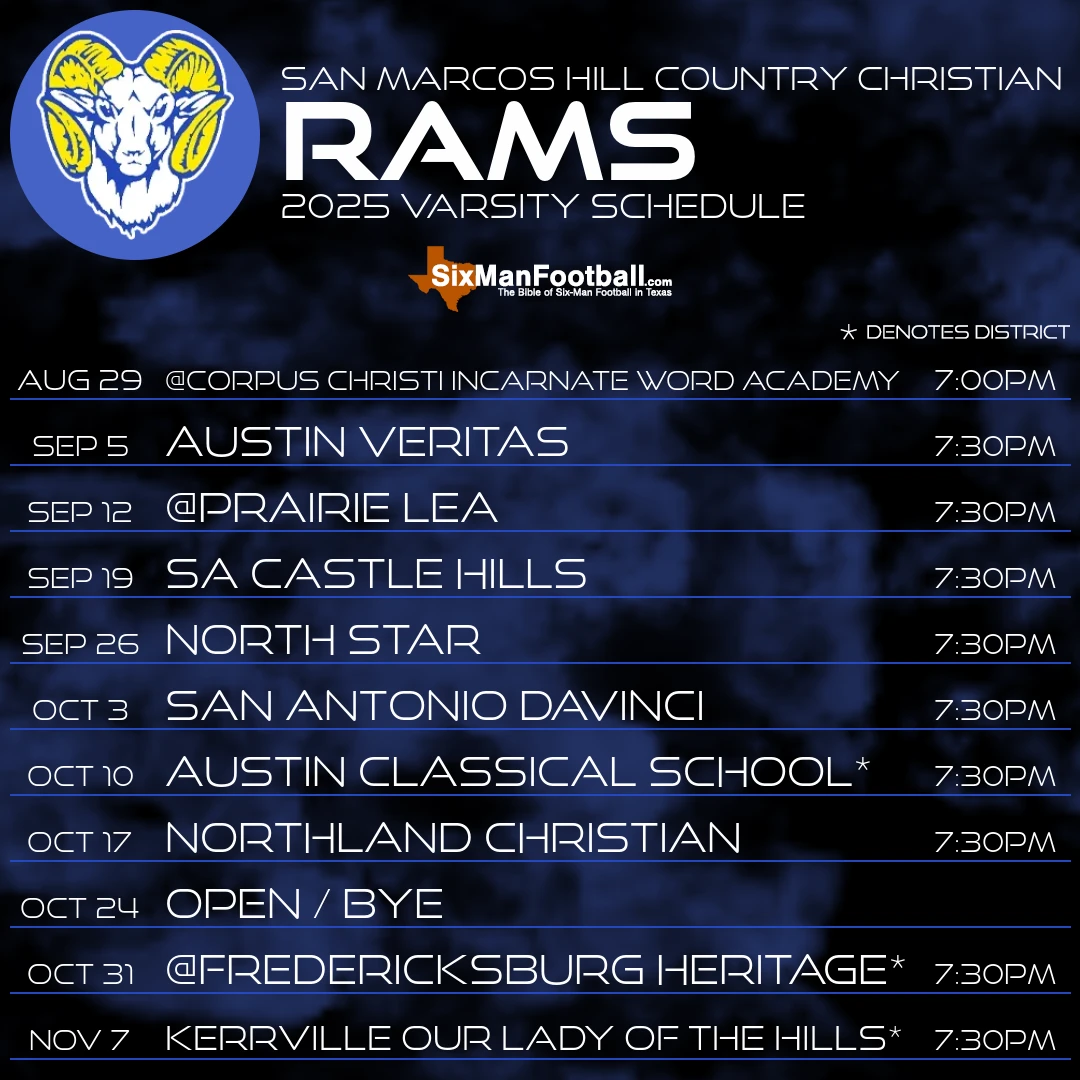 San Marcos Hill Country Christian Rams 2025 football schedule