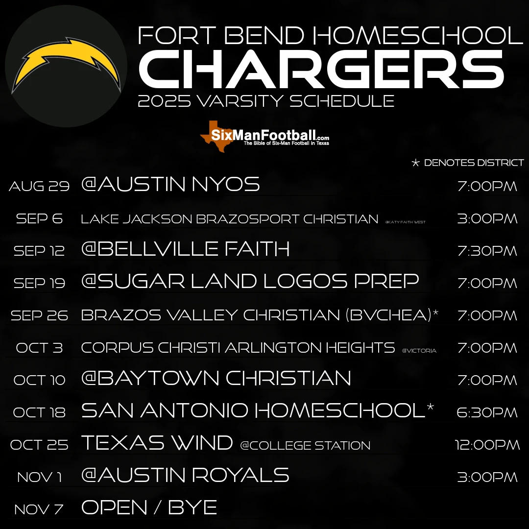 Fort Bend Homeschool Chargers 2025 football schedule