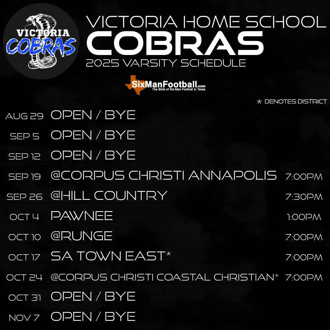 Victoria Home School Cobras 2025 football schedule