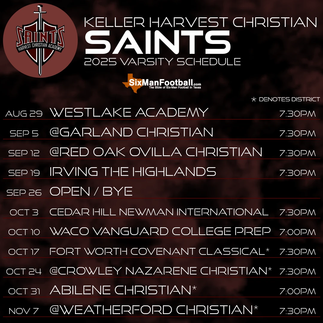 Keller Harvest Christian Saints 2025 football schedule