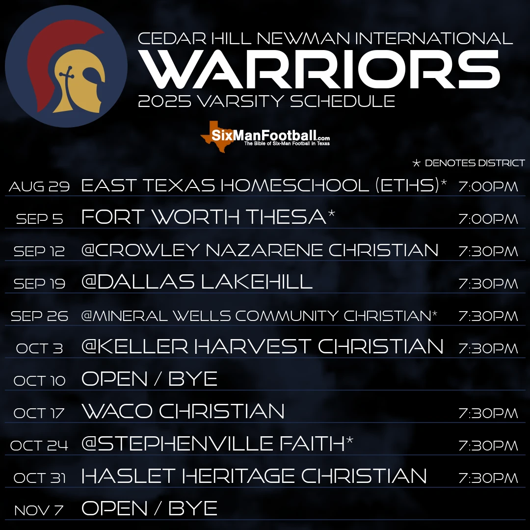 Cedar Hill Newman International Warriors 2025 football schedule