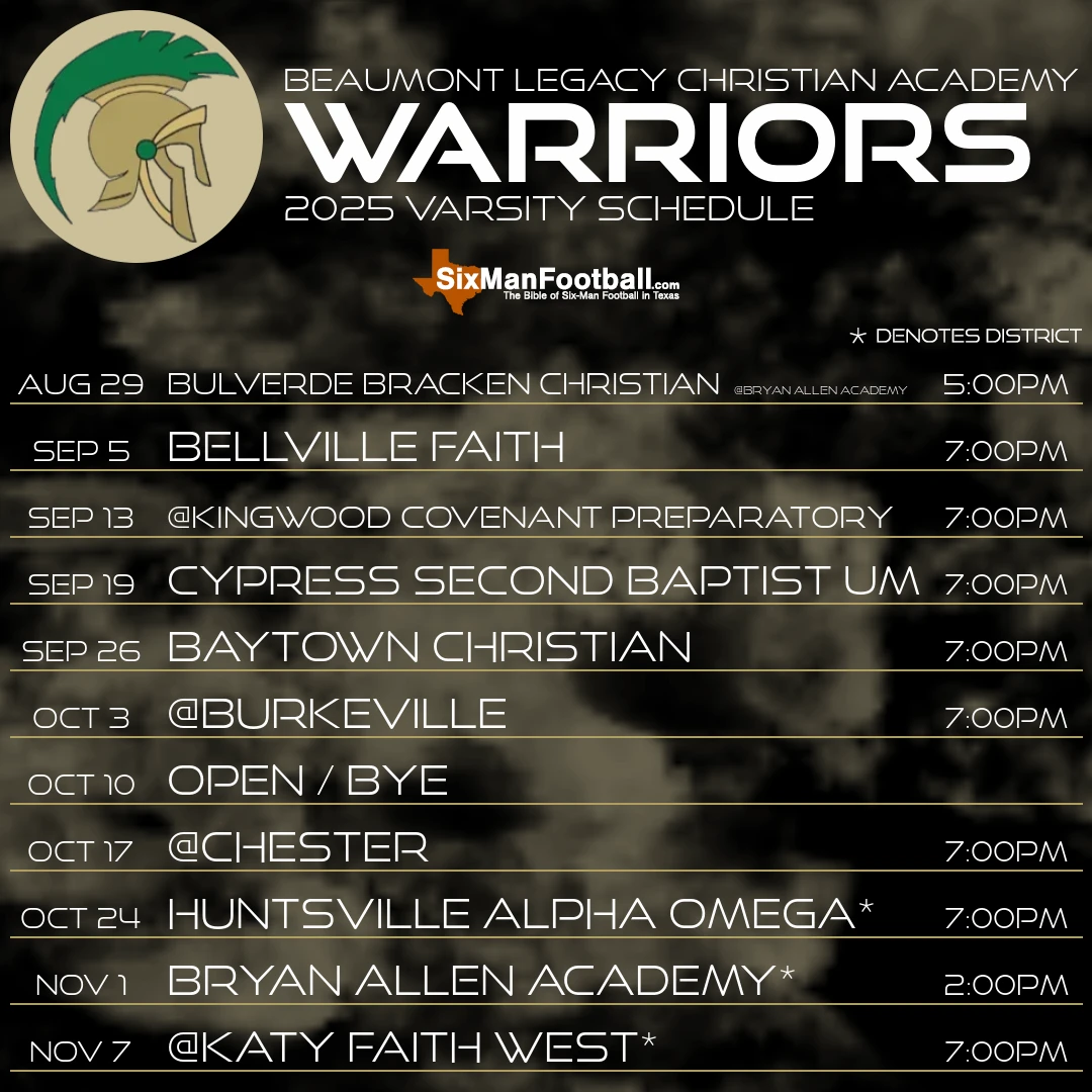 Beaumont Legacy Christian Academy Warriors 2025 football schedule